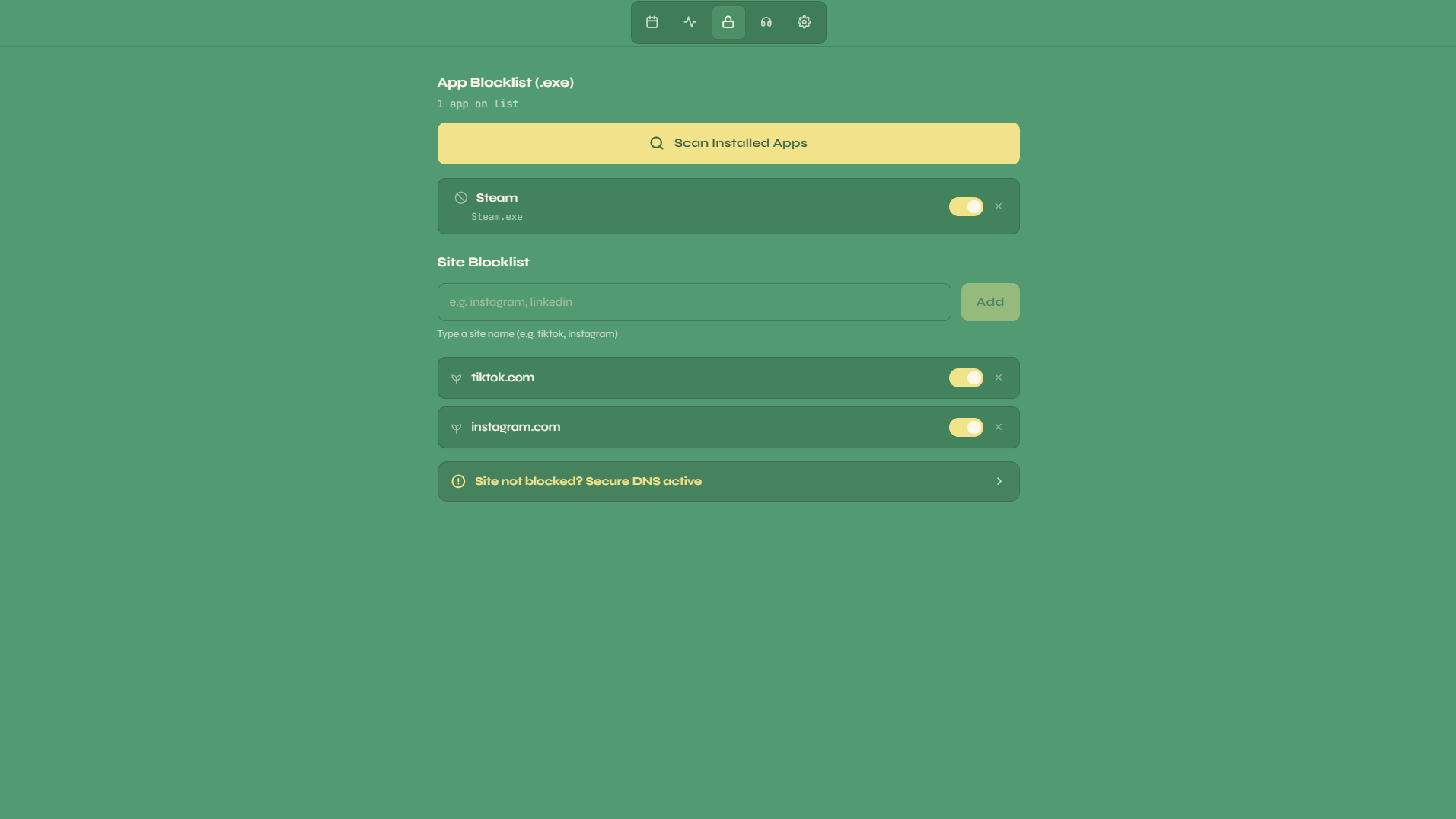 Sylviae Distraction Blocker showing site rules, app blocking lists, and enforcement controls