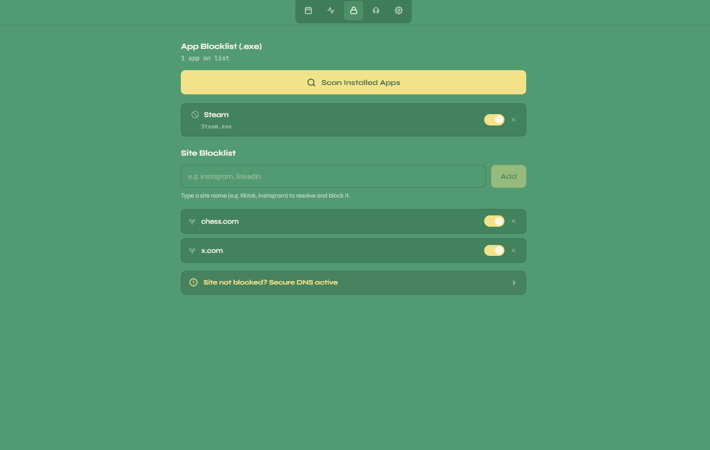 Sylviae Distraction Blocker showing site rules, app blocking lists, and enforcement controls
