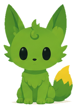Sylviae, a green fox-dragon companion, resting quietly in Focus Mode