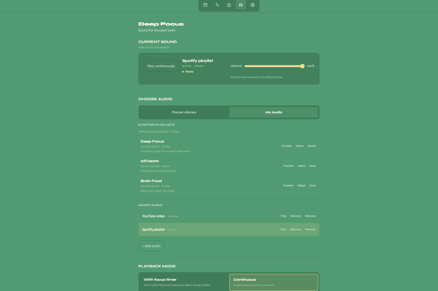 Sylviae Deep Focus tab showing offline focus tracks, Spotify and YouTube sources, and playback settings