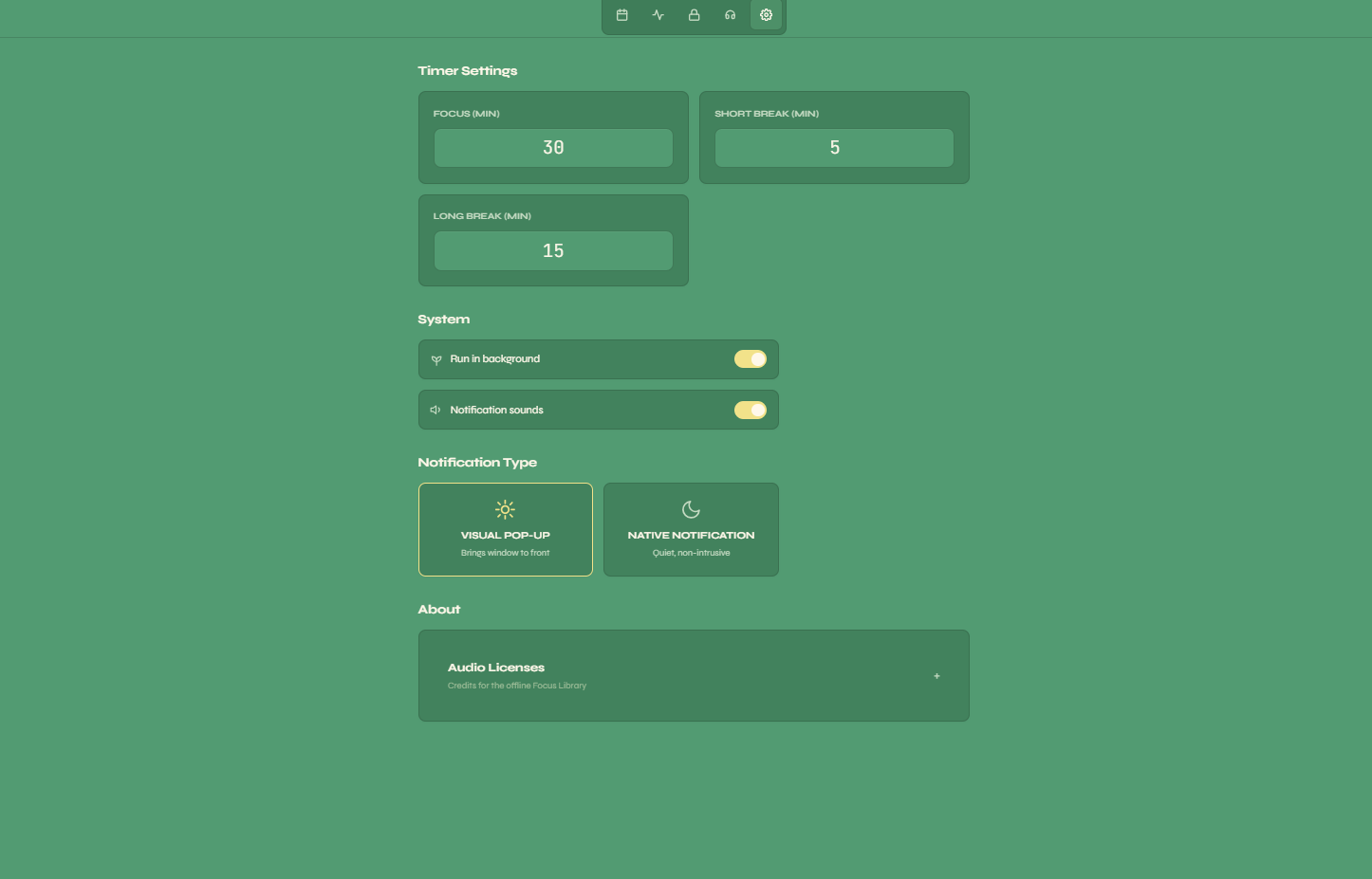 Sylviae settings screen showing preferences that persist across sessions