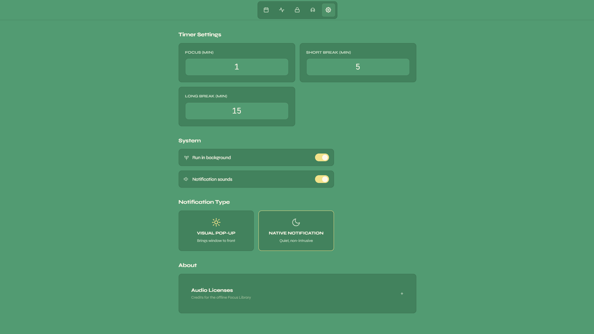 Sylviae settings screen showing preferences that persist across sessions