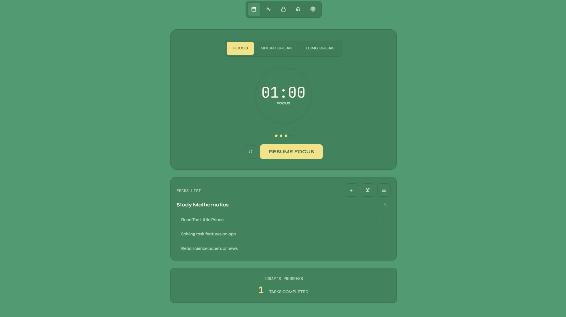 Sylviae workspace showing the focus timer and today's tasks