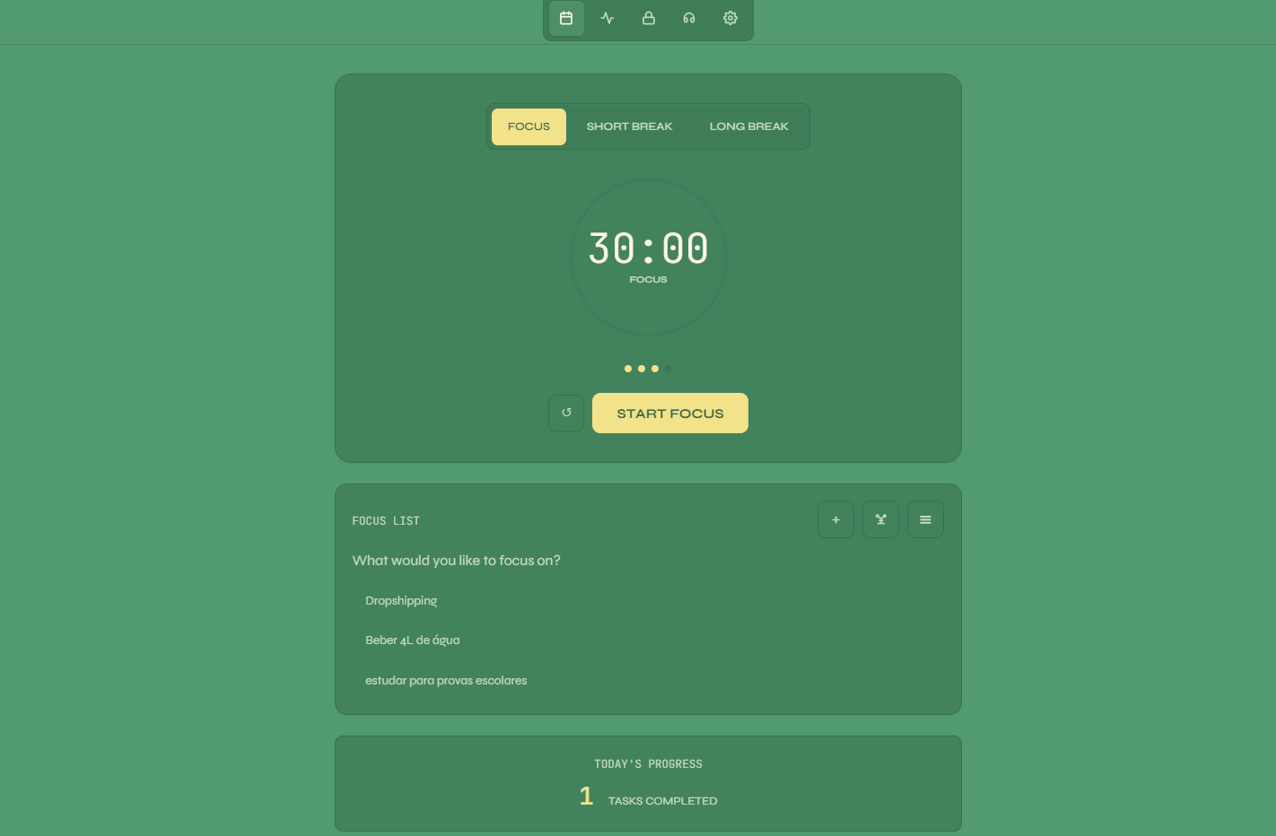 Sylviae workspace showing the focus timer and today's tasks